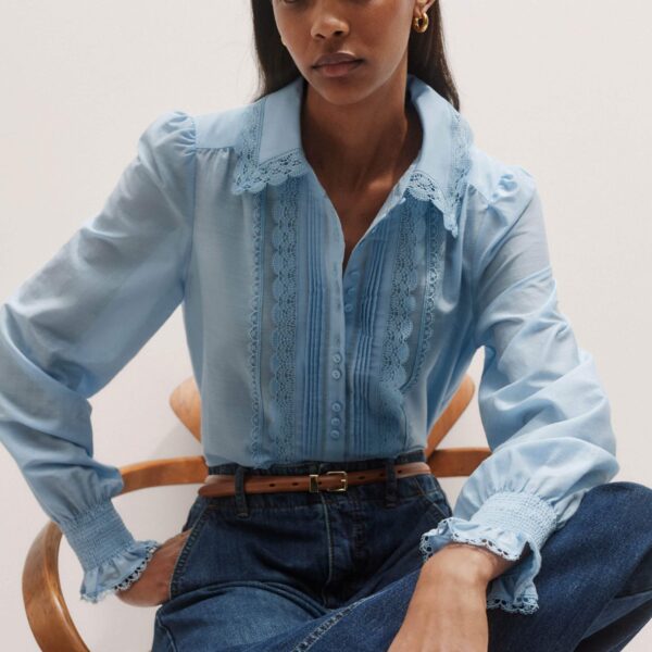 Me + Em Silk Cotton Lace Trim Straight Blouse – luxury British Blue in Me and Em exclusively at Coveti