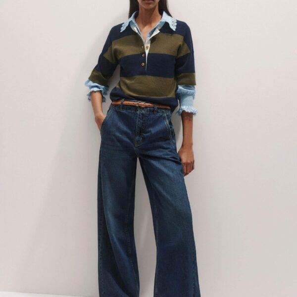 Me + Em Silk Cotton Lace Trim Straight Blouse – luxury British Blue in Me and Em exclusively at Coveti