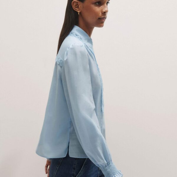 Me + Em Silk Cotton Lace Trim Straight Blouse – luxury British Blue in Me and Em exclusively at Coveti