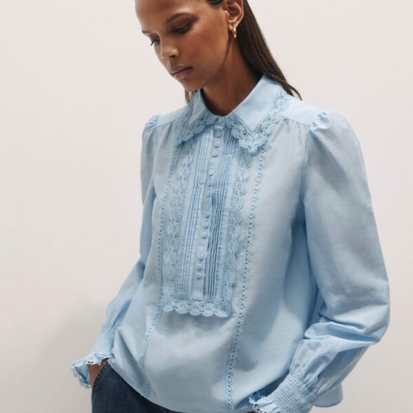 Me and Em Silk Cotton Lace Trim Straight Blouse – luxury British Blue in Me and Em exclusively at Coveti