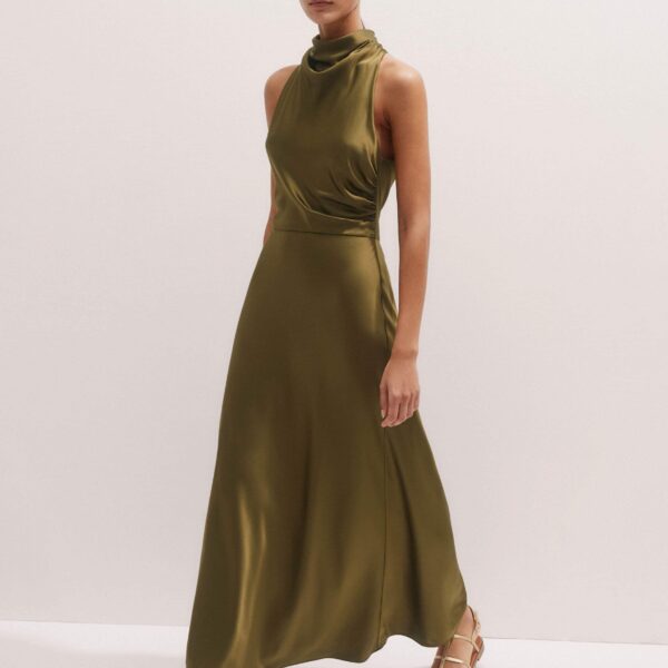 Me + Em Silk Growing Daisy Print Halterneck Maxi Dress – luxury British Green in Me and Em exclusively at Coveti