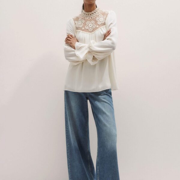 Me and Em Silk + Lace Long Sleeve Blouse – luxury British Ivory in Me and Em exclusively at Coveti
