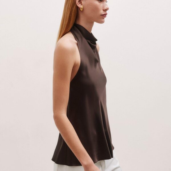 Me + Em Silk Modern Daisy Print Halterneck Top – luxury British Brown in Me and Em exclusively at Coveti