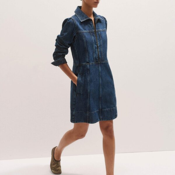 Me + Em Stripe Denim Zip Front Mini Dress – luxury British Blue in Me and Em exclusively at Coveti