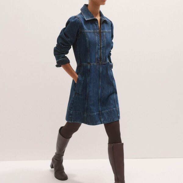 Me + Em Stripe Denim Zip Front Mini Dress – luxury British Blue in Me and Em exclusively at Coveti