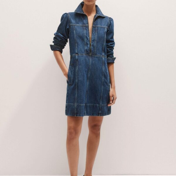 Me and Em Stripe Denim Zip Front Mini Dress – luxury British Blue in Me and Em exclusively at Coveti