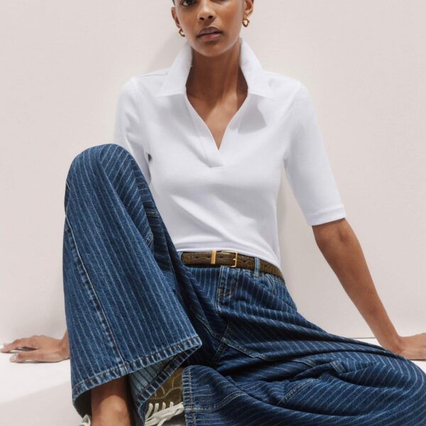 Me + Em Ultimate Rib Polo Top – luxury British White in Me and Em exclusively at Coveti