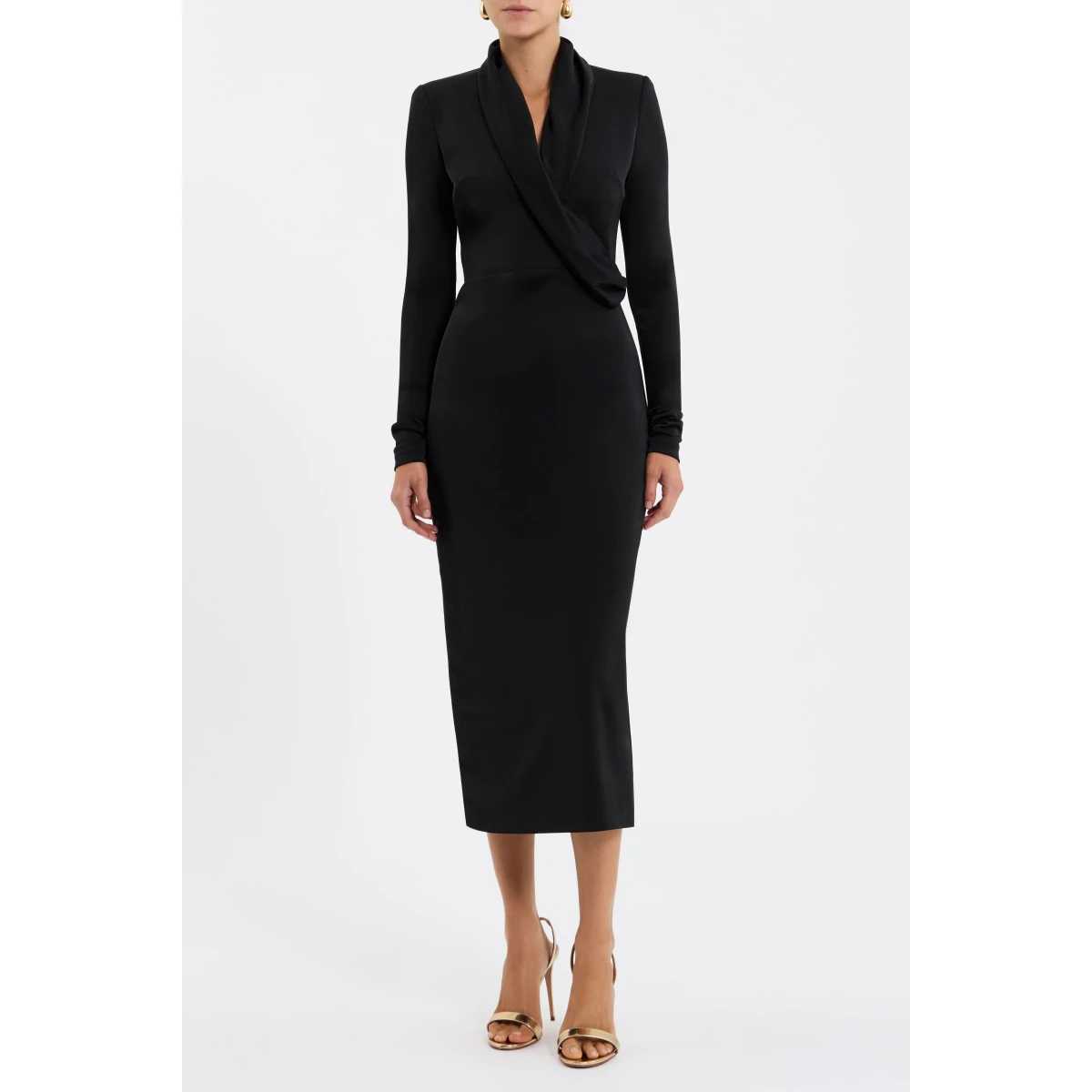 its graceful cowl neckline and softly wrapped bodice create a flattering shape