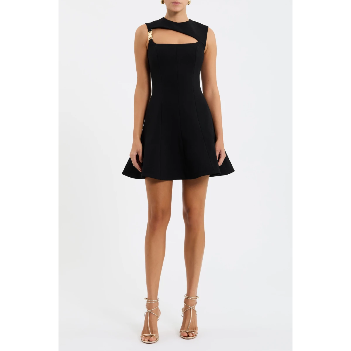 the chic fit and flare silhouette features an asymmetrical bodice and open neckline
