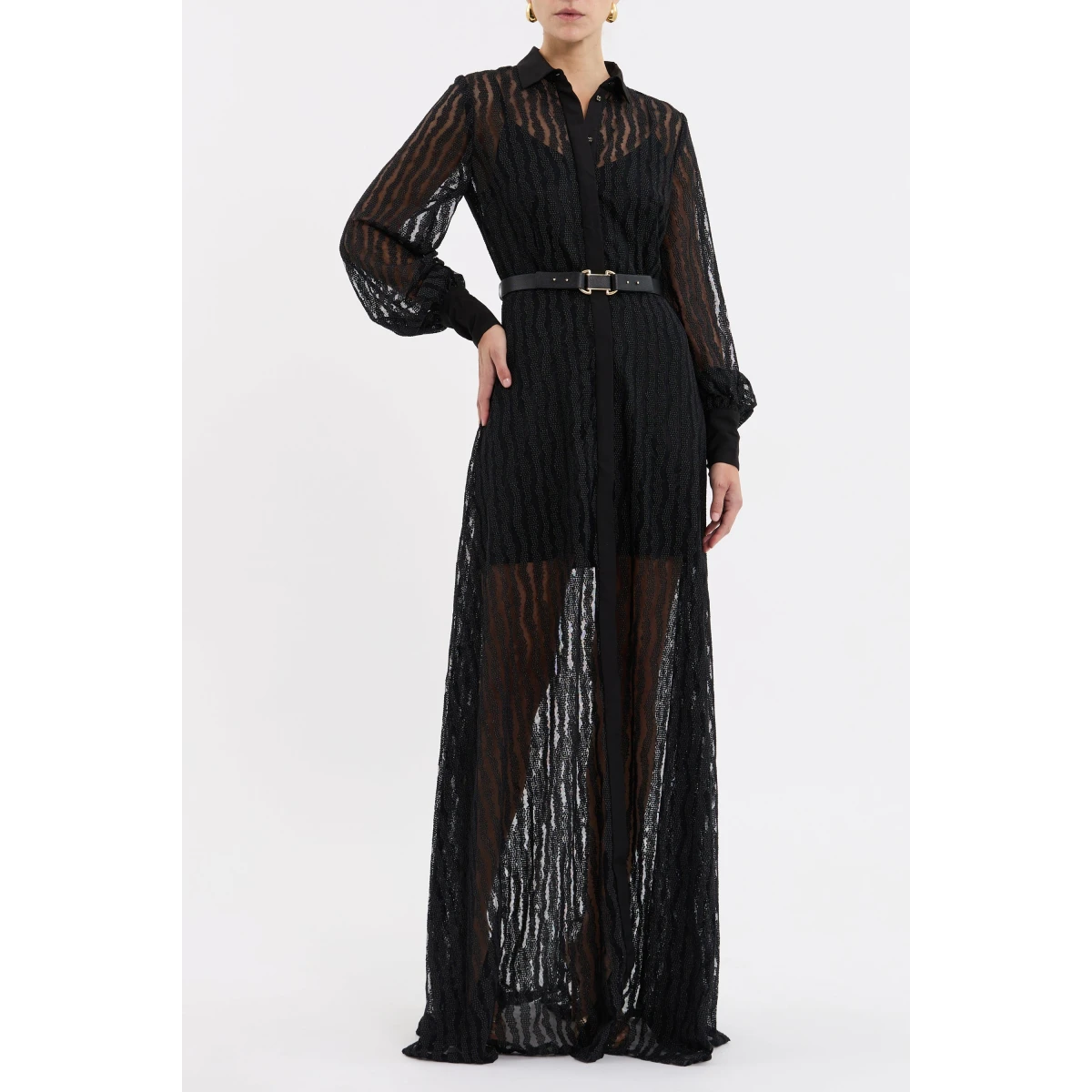 the sheer shirt dress silhouette features a sleek stand collar and concealed placket