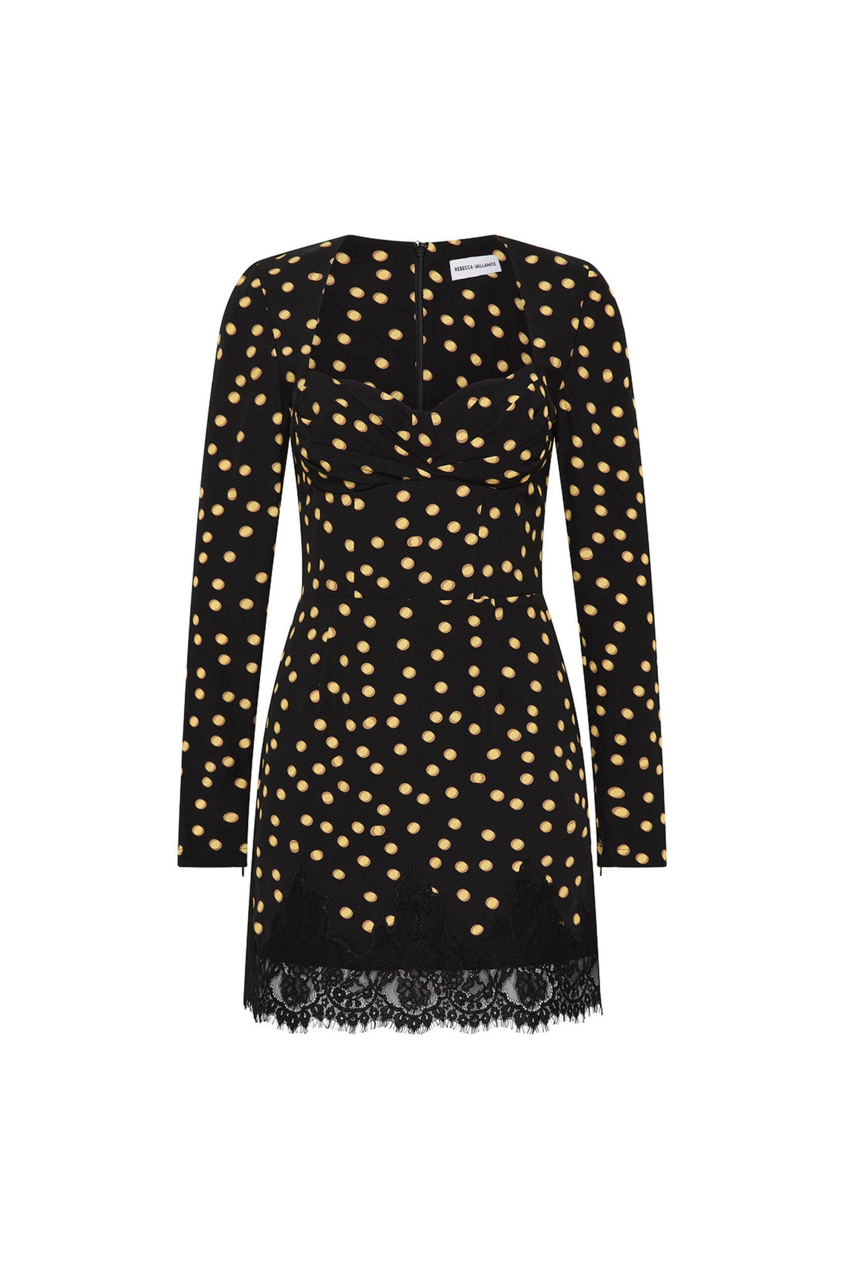 Rebecca Vallance Millie Mini Dress Rebecca Vallance Black Dresses The Millie Mini Dress is effortlessly chic and charming in a black and yellow polka dot print