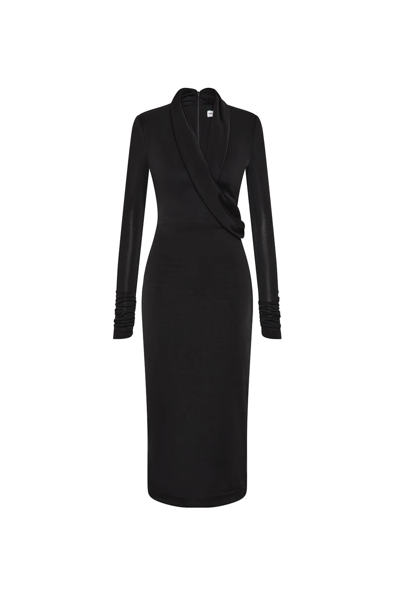 Rebecca Vallance Black Dresses The Erin Long Sleeve Midi Dress epitomises timeless sophistication in black. Tailored from premium jersey