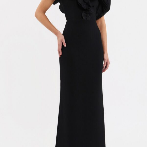 the gown showcases an elegant modern design featuring a one shoulder applique taffeta neckline. The fitted bodice with contrast taffeta and column maxi skirt