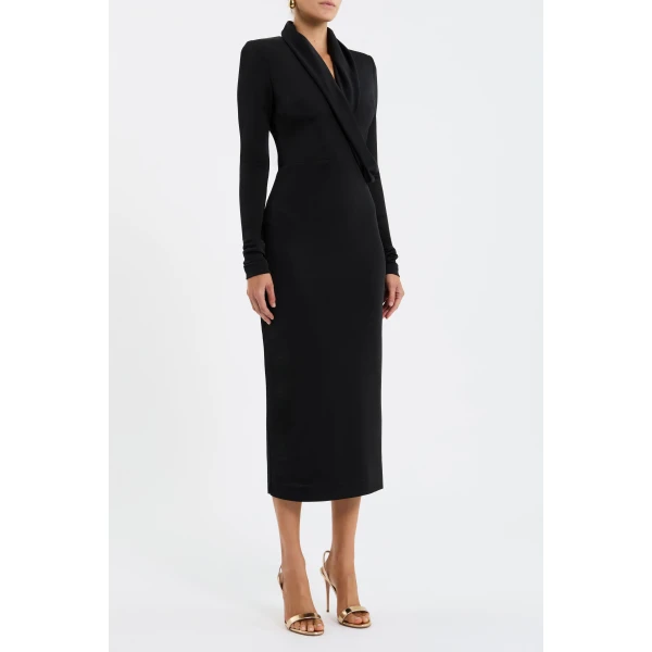 beautifully complemented by long gathered sleeves. The body-skimming silhouette exudes feminine elegance