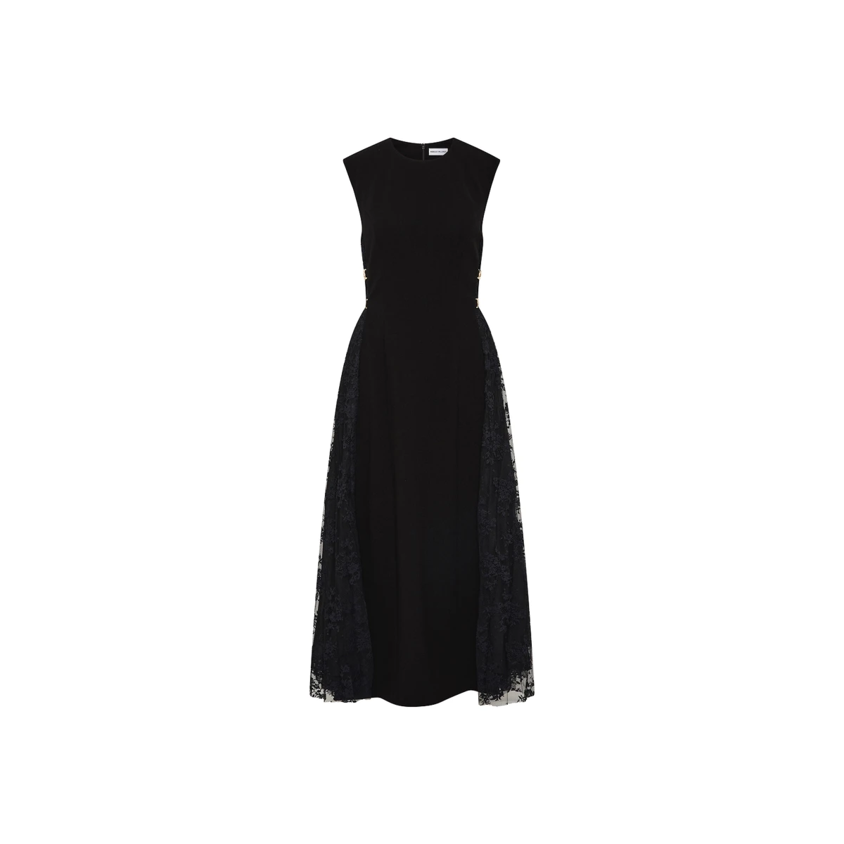 Rebecca Vallance Black Dresses The Milena Midi Dress in black radiates timeless elegance with its enchanting lace panel design. A rounded neckline and sleeveless fitted bodice sculpt a sophisticated silhouette