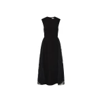 Rebecca Vallance Black Dresses The Milena Midi Dress in black radiates timeless elegance with its enchanting lace panel design. A rounded neckline and sleeveless fitted bodice sculpt a sophisticated silhouette
