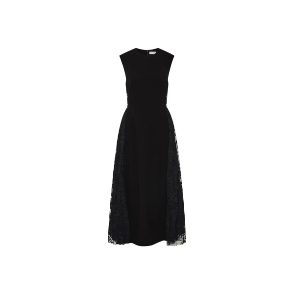 Rebecca Vallance Black Dresses The Milena Midi Dress in black radiates timeless elegance with its enchanting lace panel design. A rounded neckline and sleeveless fitted bodice sculpt a sophisticated silhouette