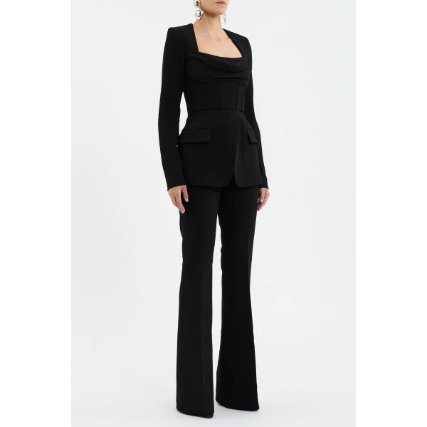 finished with a chic cowl bust for added elegance. Front flap pockets enhance the tailored design