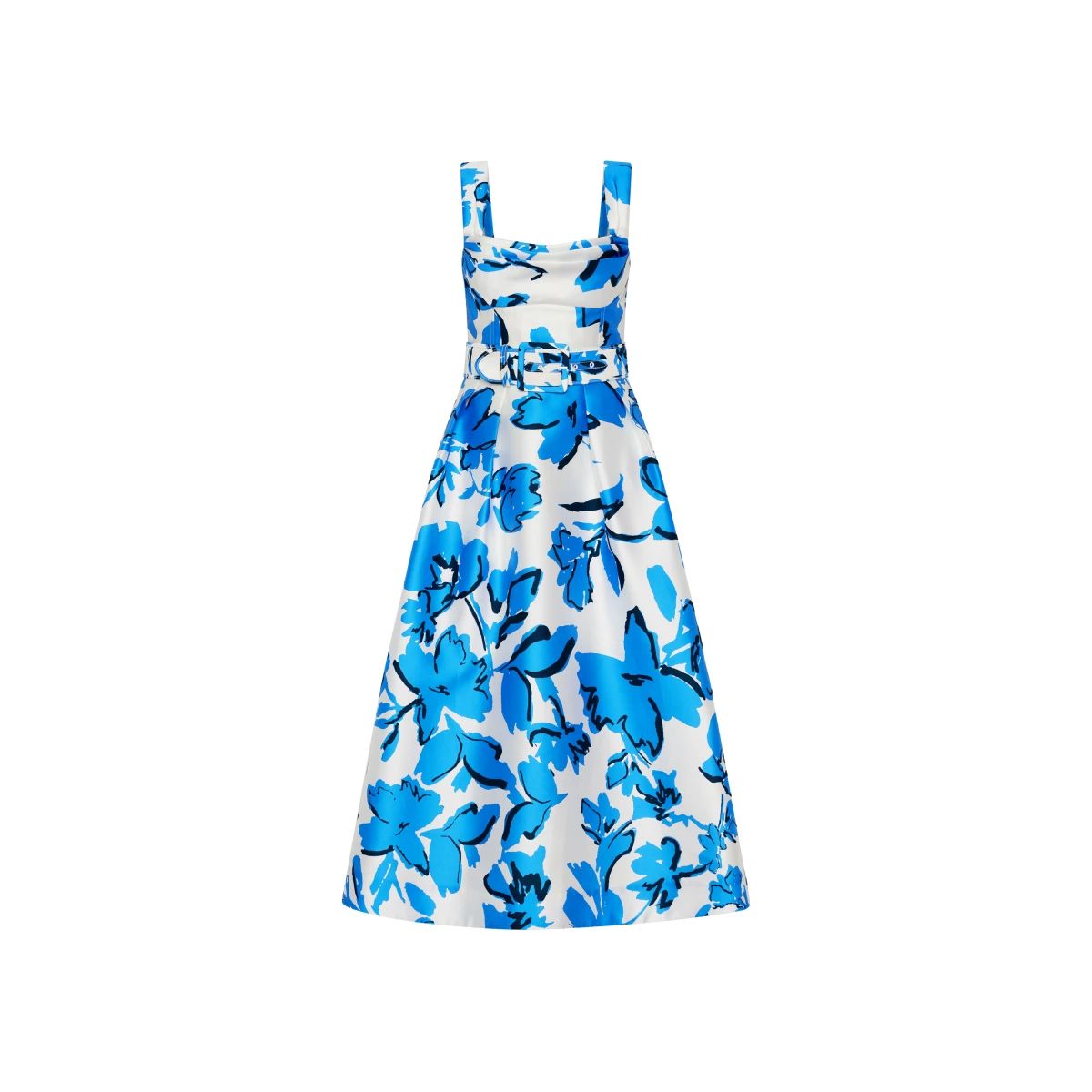 Rebecca Vallance Blue Dresses The Sapphira Midi Dress embodies modern elegance in a playful blue floral print. The scoop neckline and fitted bodice