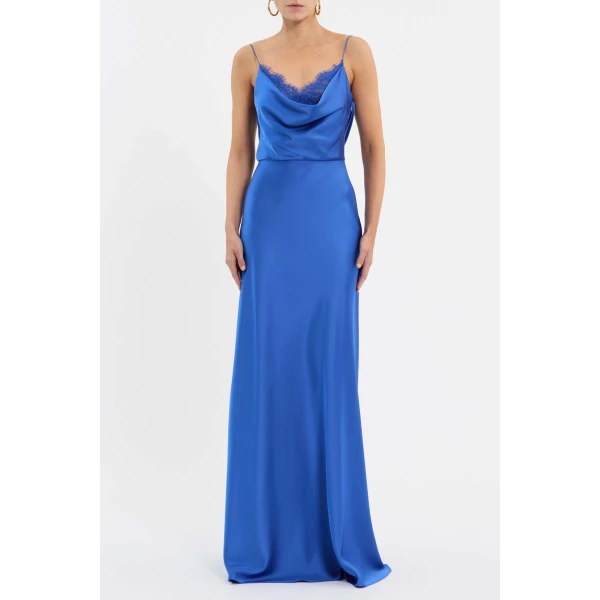 featuring lace trim underlay details for a touch of feminine elegance. Its bias-cut slip silhouette offers a flattering shape