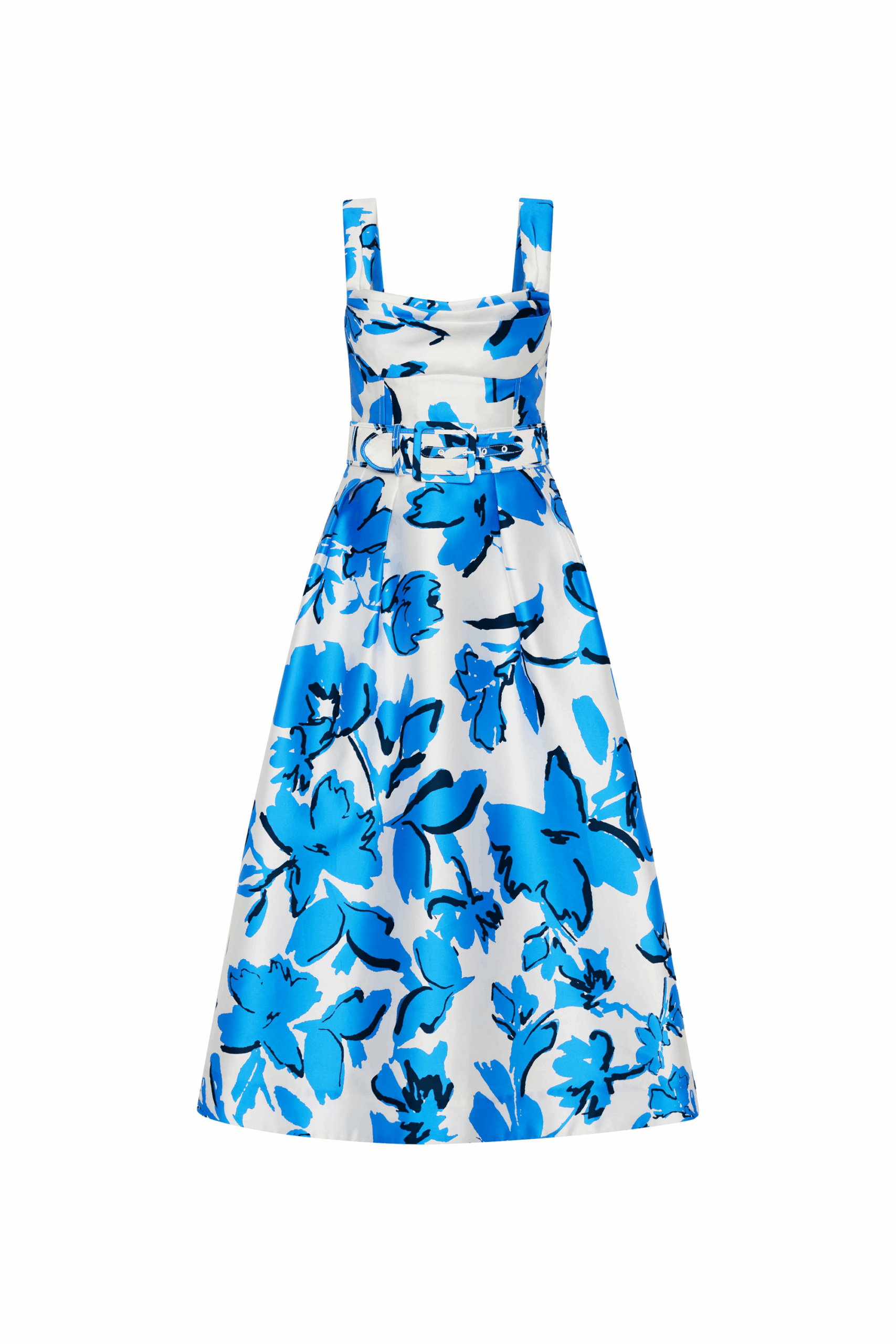 Rebecca Vallance Blue Dresses The Sapphira Midi Dress embodies modern elegance in a playful blue floral print. The scoop neckline and fitted bodice