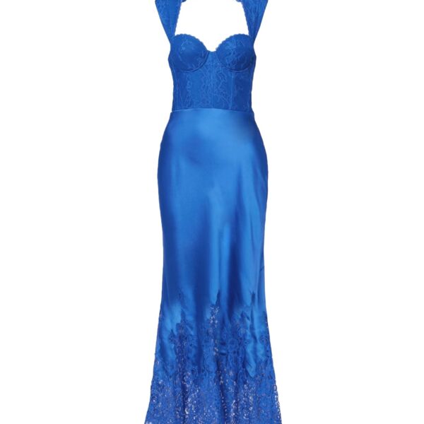 Rebecca Vallance Blue Dresses The Remi Midi Dress in blue exudes timeless elegance with a modern twist. Featuring a contrasting lace bodice