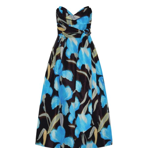 Rebecca Vallance Blue Dresses The Ingrid Strapless Midi Dress exudes timeless sophistication in a captivating blue iris floral print. Featuring a strapless sweetheart neckline and structured corset bodice