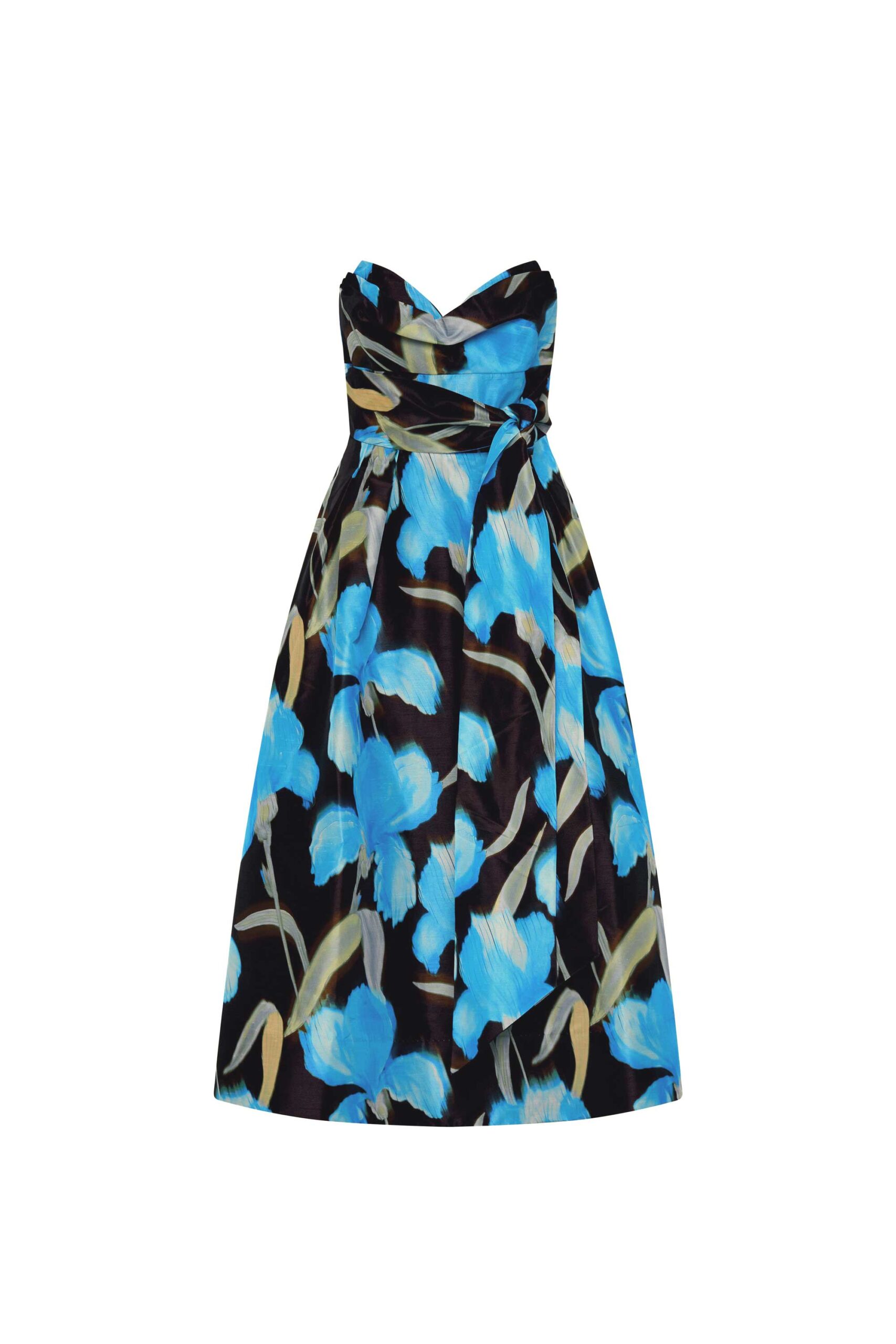 Rebecca Vallance Ingrid Strapless Midi Dress Rebecca Vallance Blue Dresses The Ingrid Strapless Midi Dress exudes timeless sophistication in a captivating blue iris floral print. Featuring a strapless sweetheart neckline and structured corset bodice