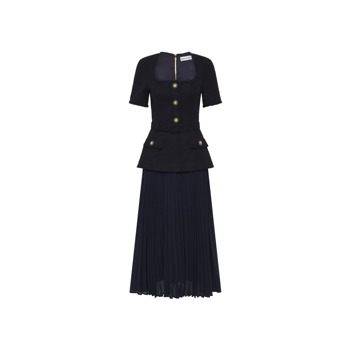 Rebecca Vallance Blue Dresses The Jonie Midi Dress in navy epitomises timeless elegance and class. It features a sophisticated fitted bodice with a scoop neckline and short sleeves