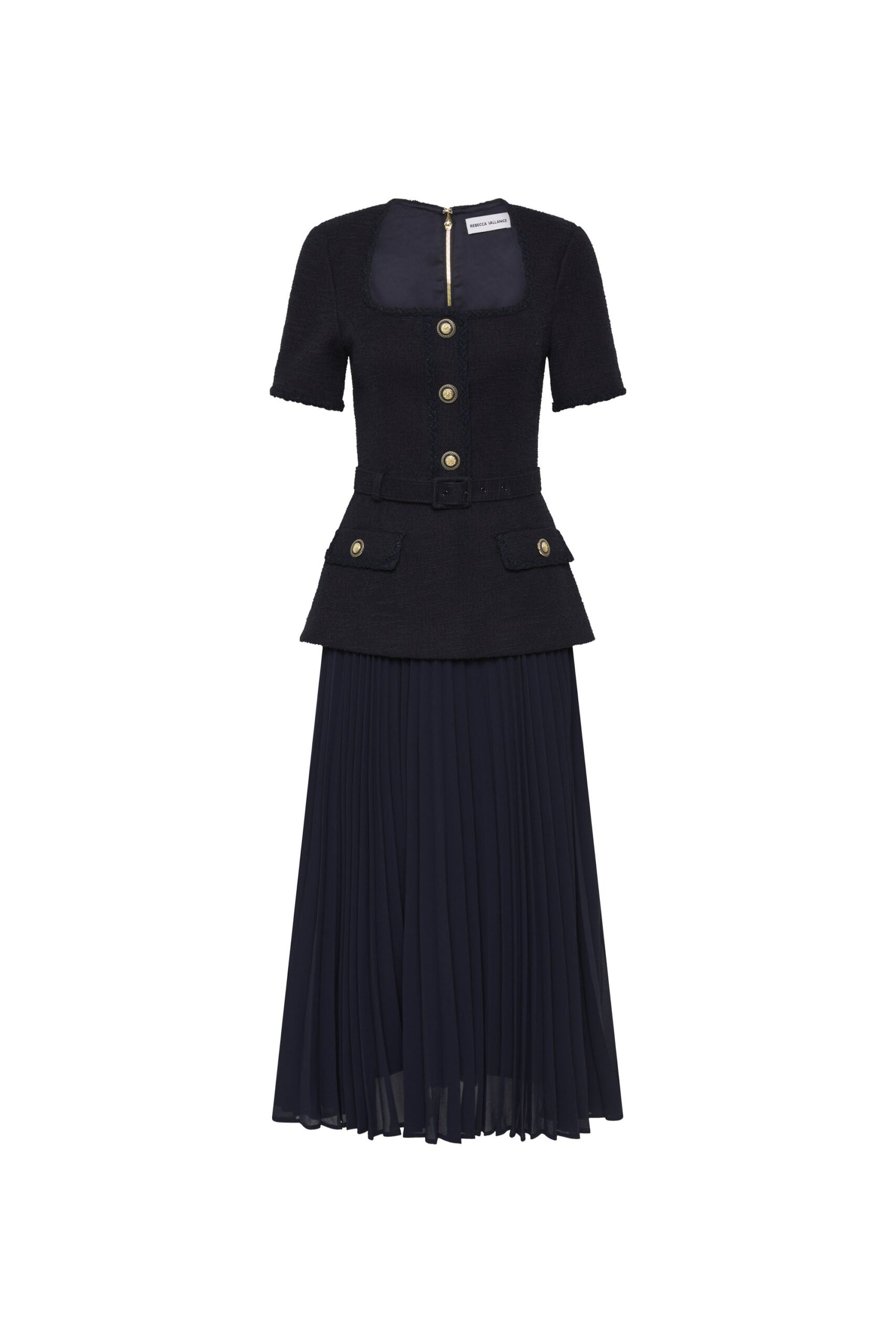 Rebecca Vallance Blue Dresses The Jonie Midi Dress in navy epitomises timeless elegance and class. It features a sophisticated fitted bodice with a scoop neckline and short sleeves