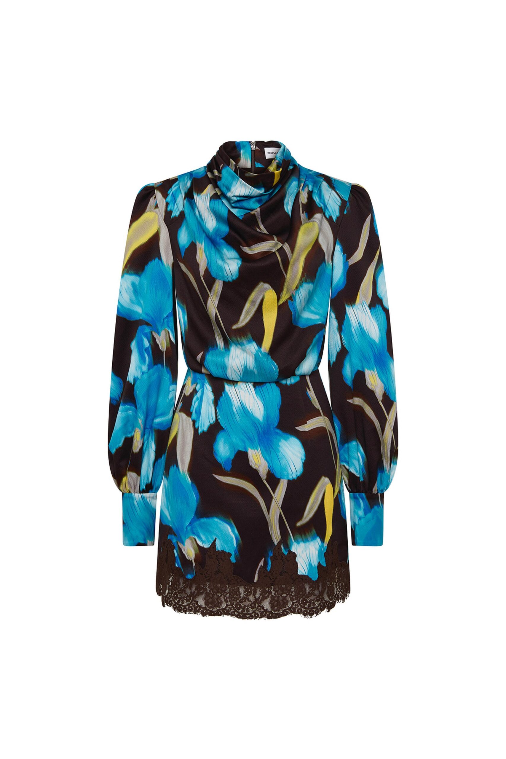 Rebecca Vallance Blue Dresses The Ingrid Mini Dress harmonises class and sophistication with a timeless blue iris floral print. Featuring a high cowl neckline