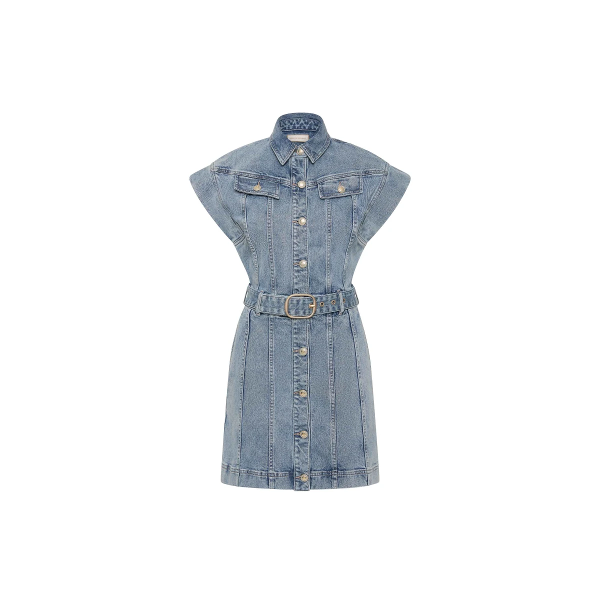 Rebecca Vallance Blue Dresses The Adian Mini Dress in light wash seamlessly blends casual chic with refined elegance. Featuring a subtle drop shoulder and sleeveless silhouette