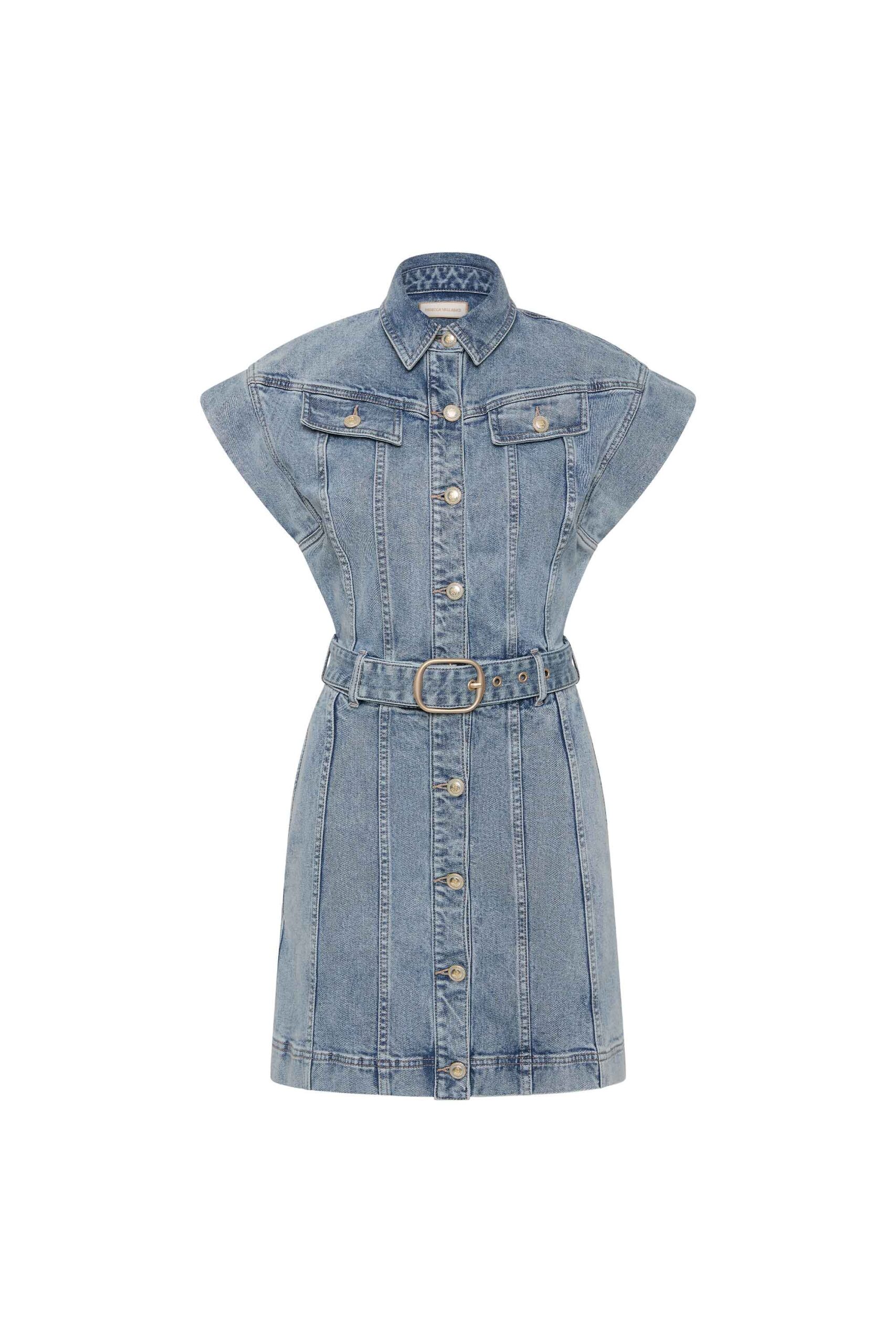 Rebecca Vallance Blue Dresses The Adian Mini Dress in light wash seamlessly blends casual chic with refined elegance. Featuring a subtle drop shoulder and sleeveless silhouette