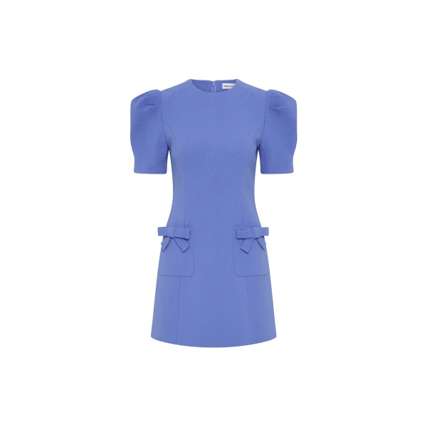Rebecca Vallance Blue Dresses The Violetta Short Sleeve Mini Dress radiates timeless elegance in periwinkle blue. Tailored from bonded crepe