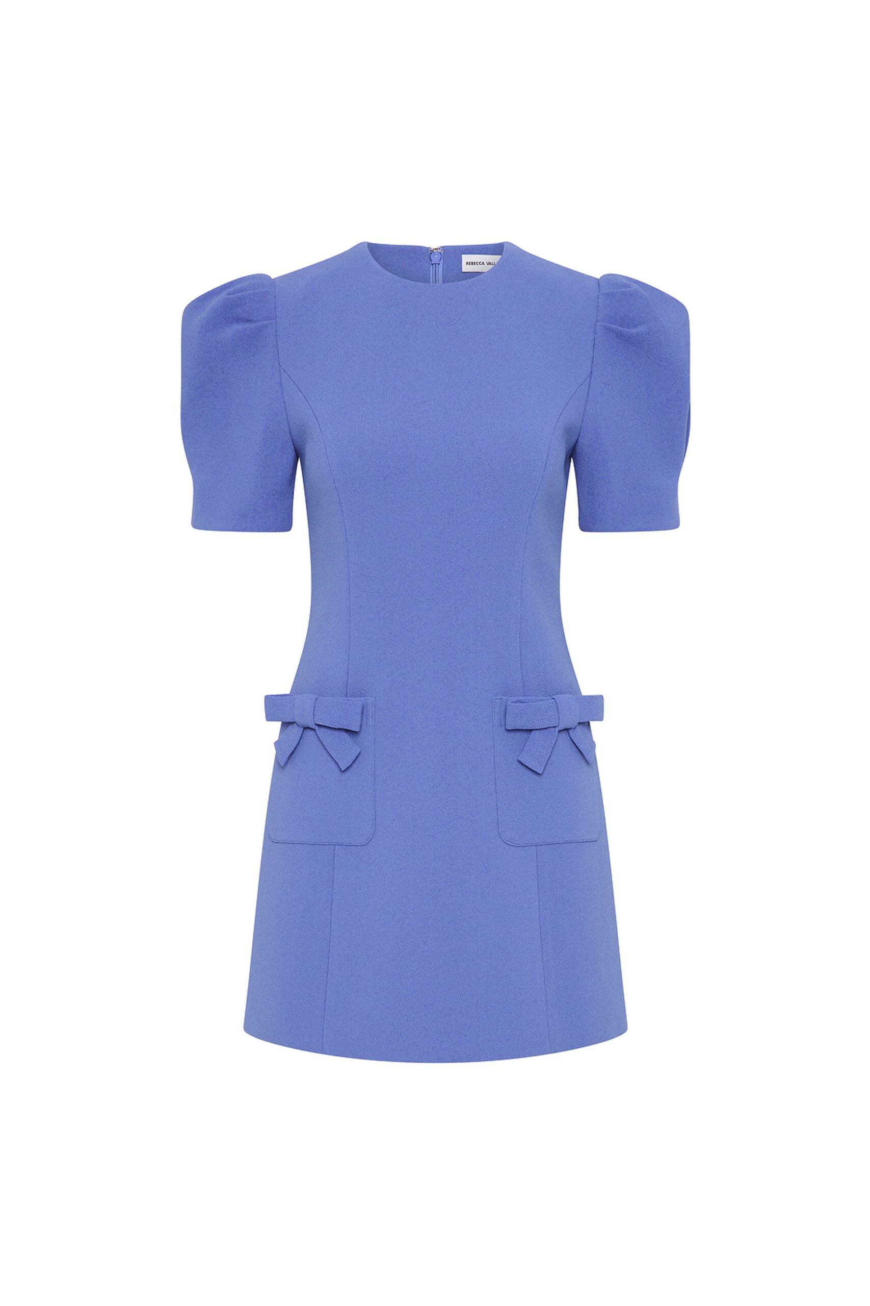Rebecca Vallance Blue Dresses The Violetta Short Sleeve Mini Dress radiates timeless elegance in periwinkle blue. Tailored from bonded crepe