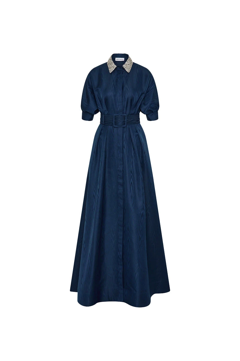 Rebecca Vallance Blue Dresses The Cielo Diamante Collar Gown in navy exudes timeless elegance and opulence