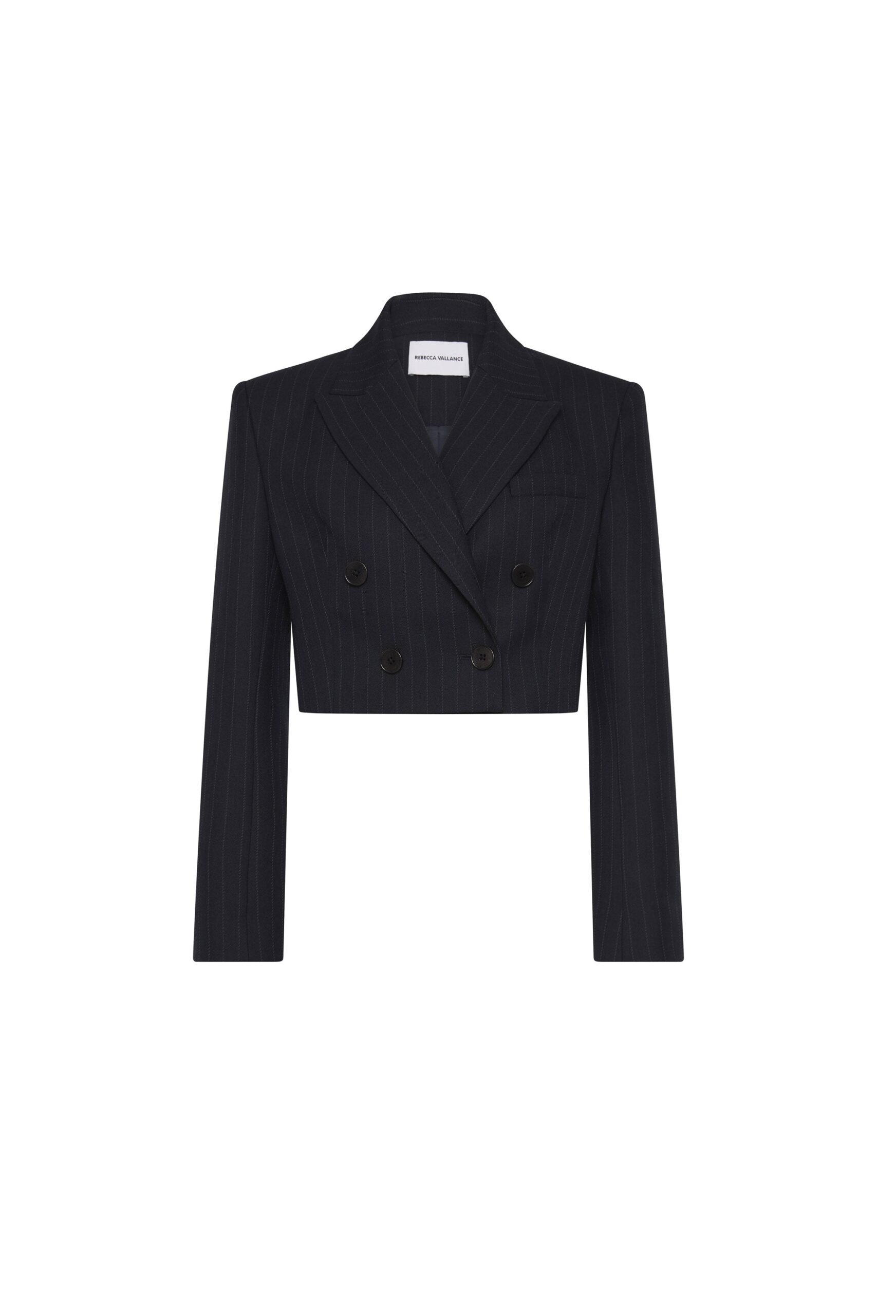 Rebecca Vallance Blue Jackets The Maxwell Crop Blazer redefines modern sophistication. Tailored from a navy pinstripe