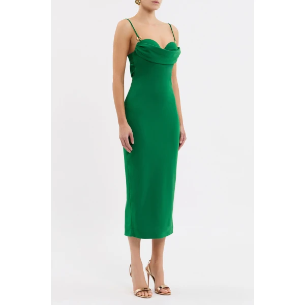 it features a draped bust with exposed bra cups