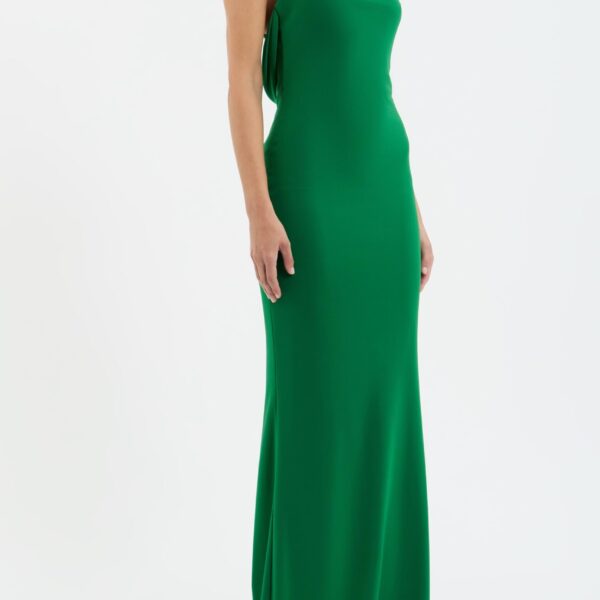 it features a halter cowl neckline and an elegant open cowl back