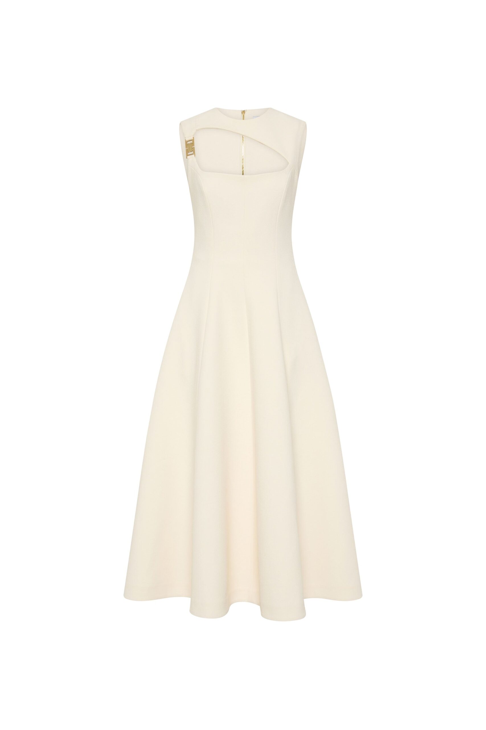 Rebecca Vallance Ivory Dresses The Freyja Midi Dress radiates modern elegance in cream. Tailored from bonded crepe