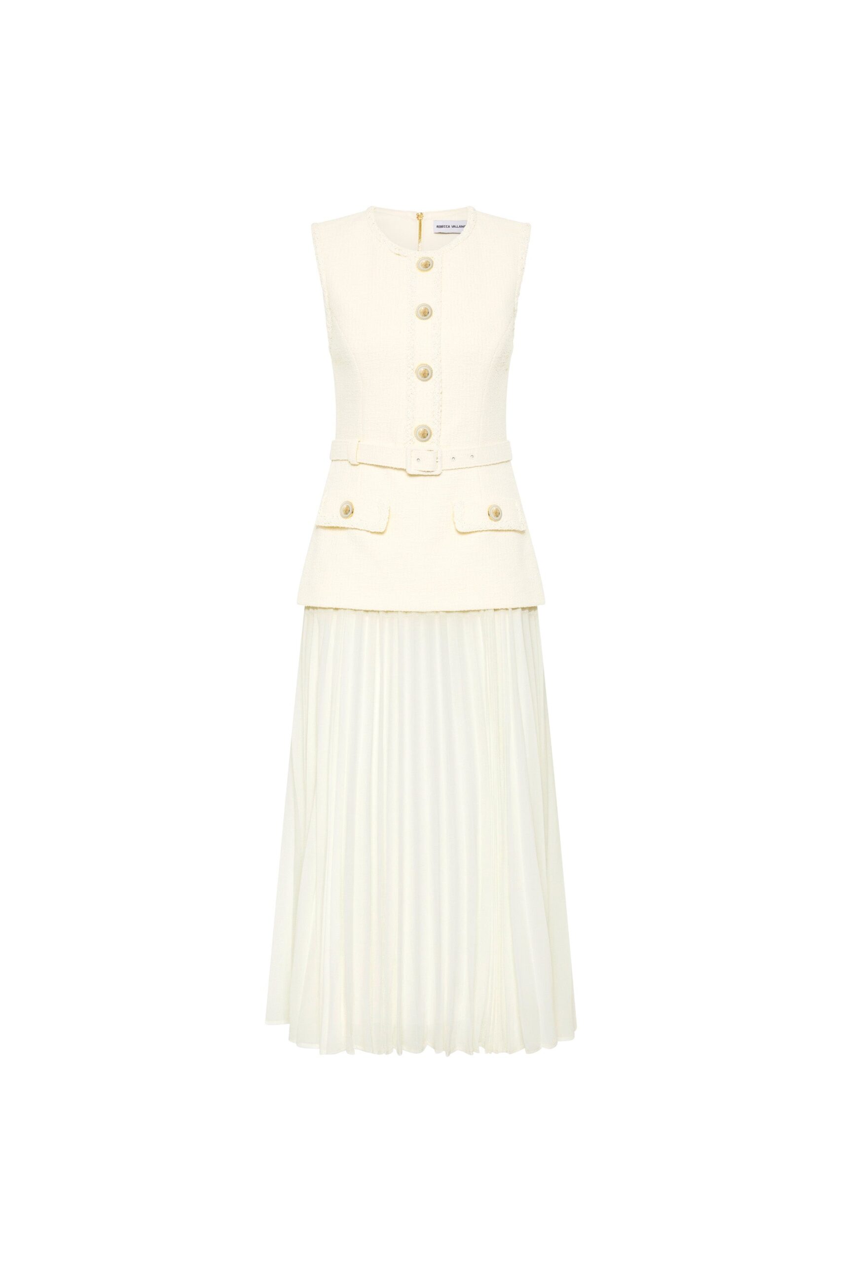 Rebecca Vallance Ivory Dresses The Jonie Sleeveless Midi Dress in cream radiates timeless elegance. Its crew neckline and sleeveless fitted bodice beautifully harmonise and create a sophisticated shape