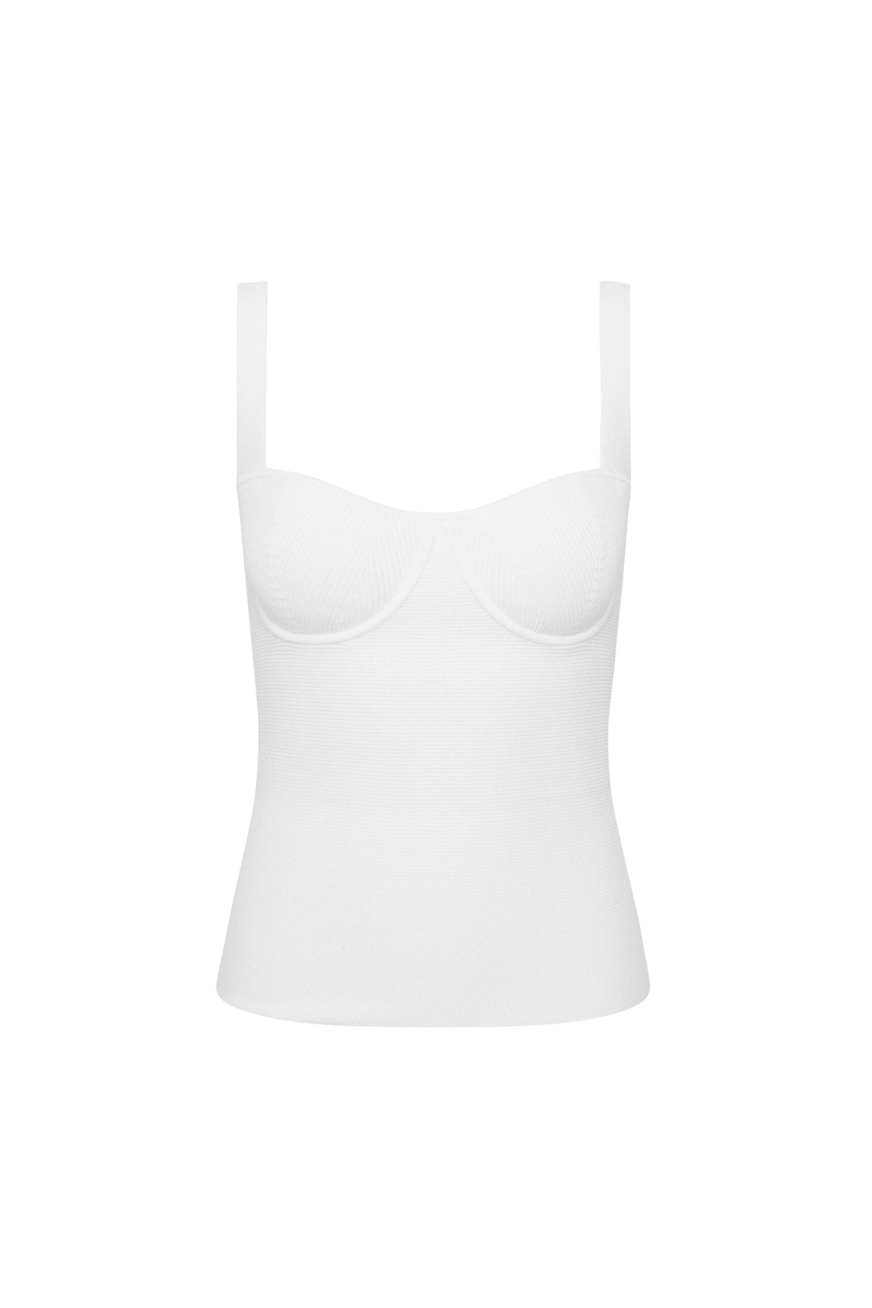 Rebecca Vallance Ivory Tops The Zia Knit Bralette in ivory is a must-have addition to your wardrobe. Designed with a sweetheart neckline and a cupped fitted bodice