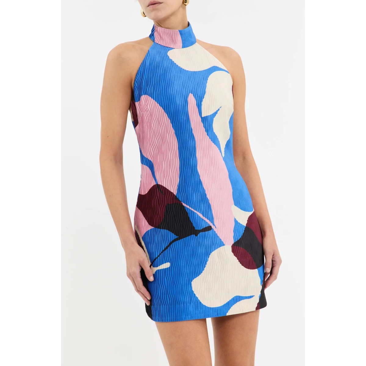 Rebecca Vallance Multicolour Dresses The Mika Mini Dress radiates chic style in a playful abstract print. Featuring an elegant halter neckline secured with rouleau buttons