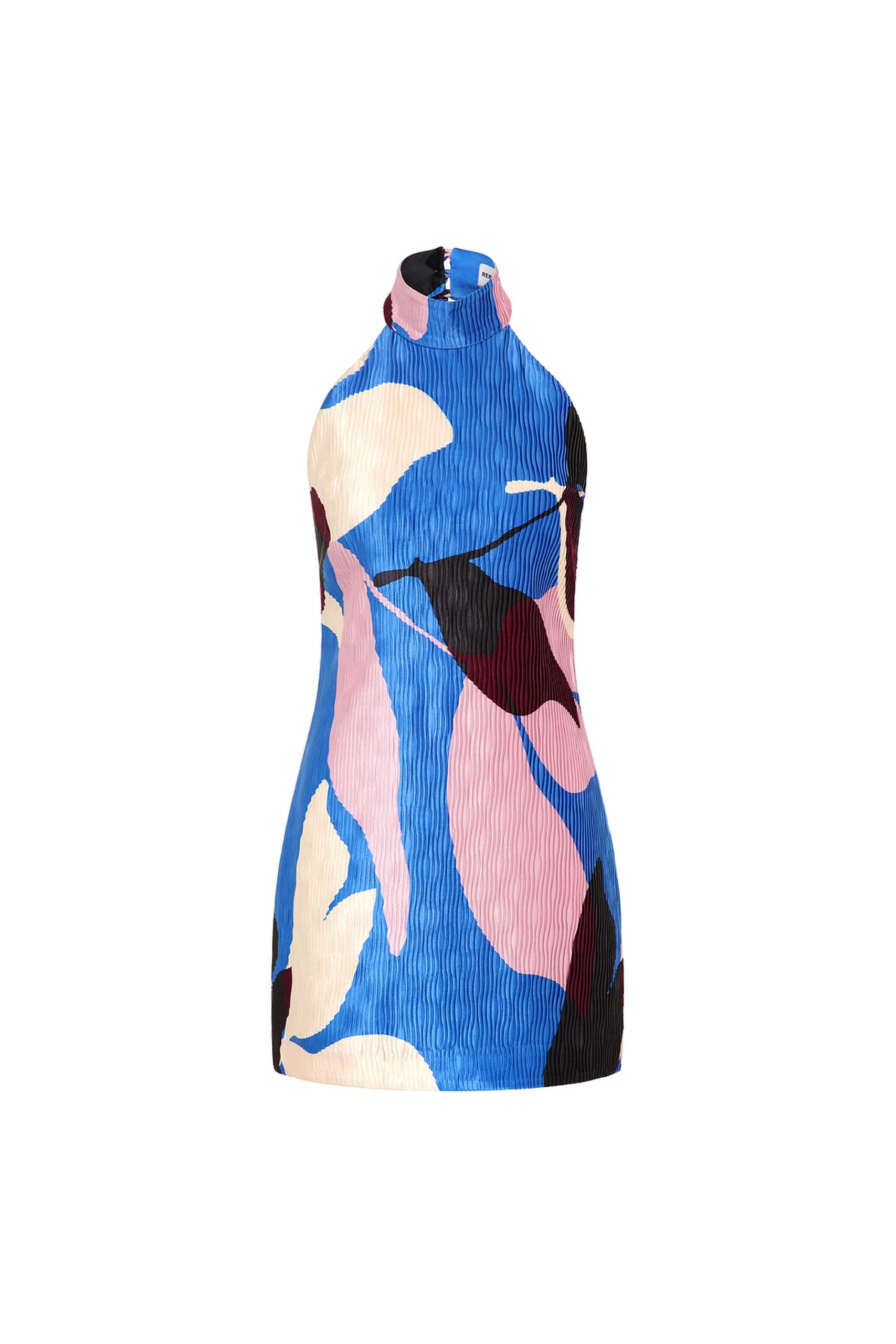 Rebecca Vallance Multicolour Dresses The Mika Mini Dress radiates chic style in a playful abstract print. Featuring an elegant halter neckline secured with rouleau buttons