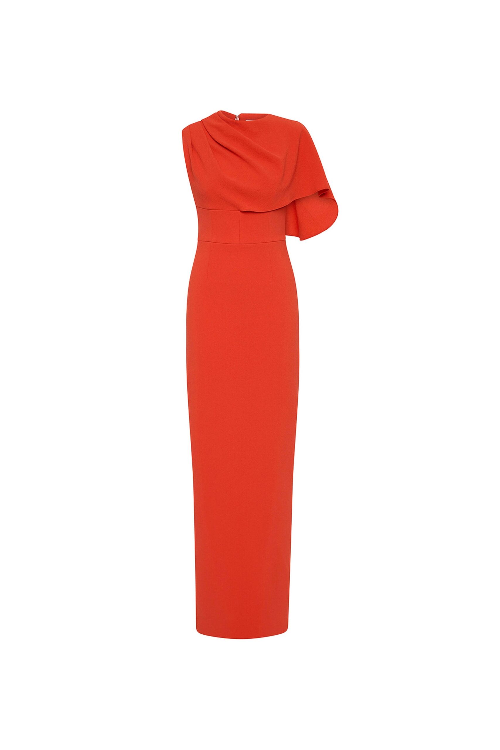 Rebecca Vallance Orange Dresses The Freyja Cape Gown in vibrant orange makes a bold yet elegant statement. Tailored from bonded crepe