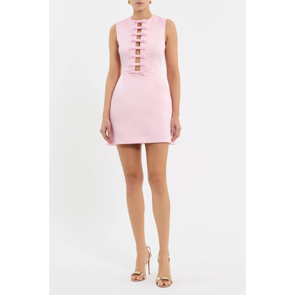 tailored from bonded satin. Featuring a high neckline and sleeveless fitted bodice