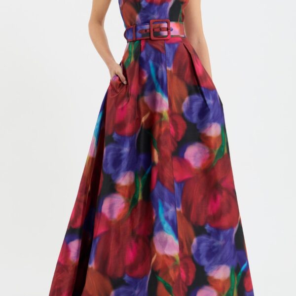 tailored from taffeta in a playful floral print. The halter neckline and fitted bodice create a flattering figure