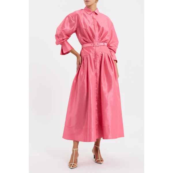 crafted from slub taffeta. A sleek stand collar and voluminous cocoon sleeves complement the refined shirt dress silhouette