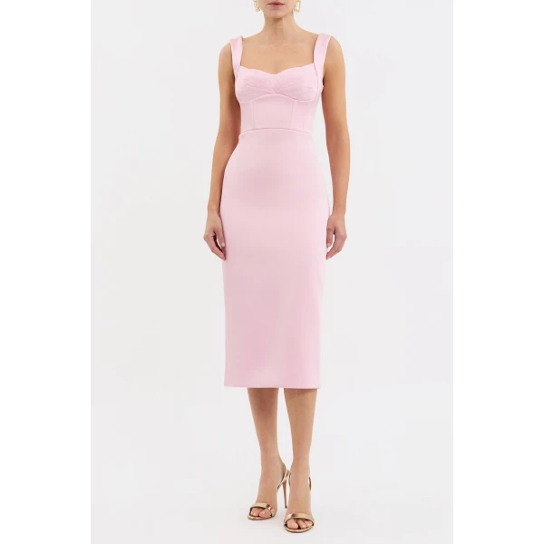 tailored from bonded satin. It features a sweetheart neckline and a fitted bodice with tucked soft cups