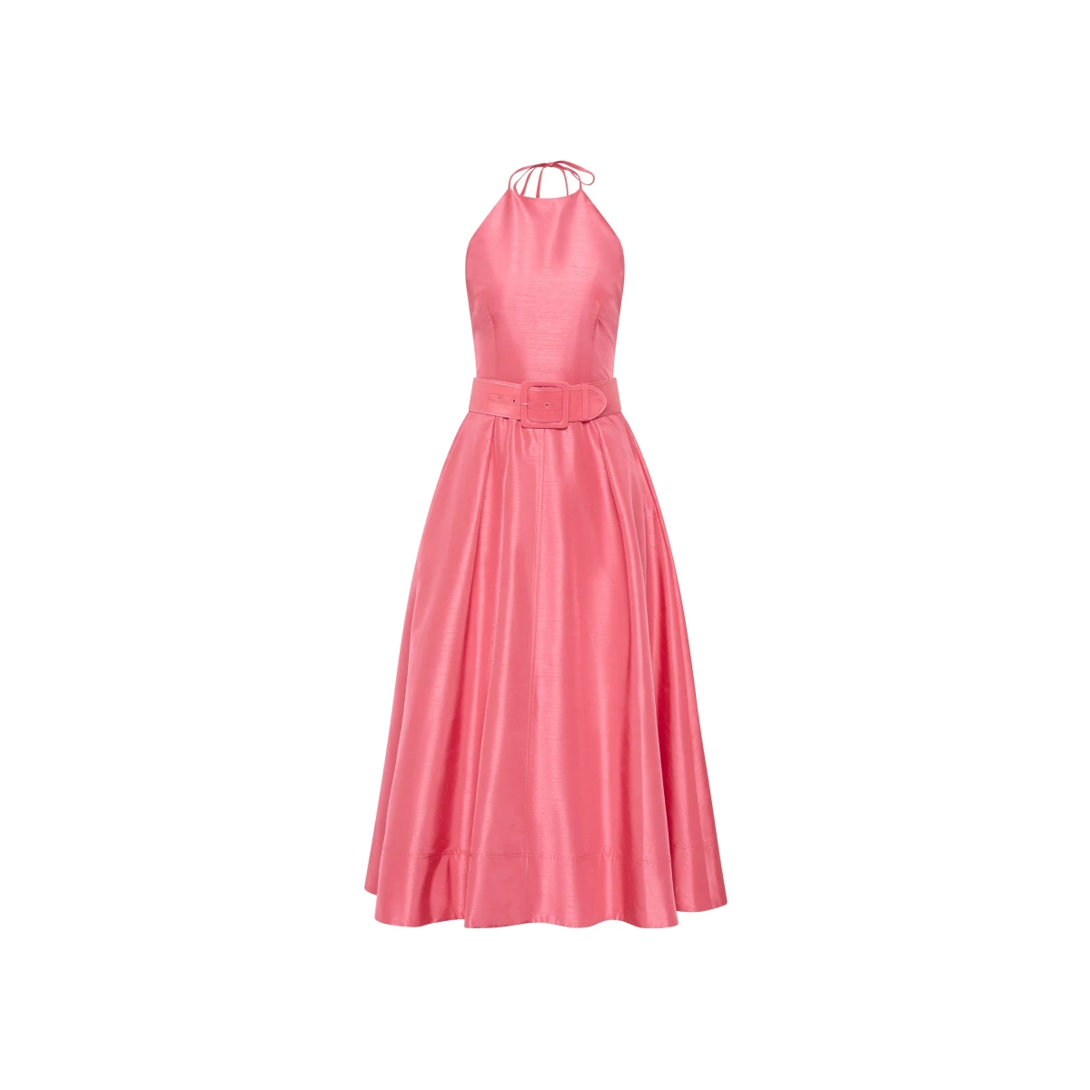 Rebecca Vallance Pink Dresses The Maple Halter Midi Dress radiates playful elegance in a captivating pink hue. Crafted from taffeta